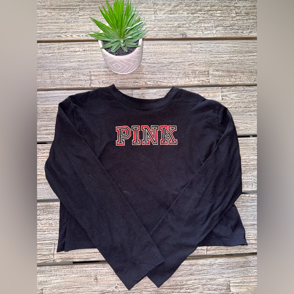 Women’s VS PINK Loose Crop Long Sleeved Tee, Black, Sz LARGE